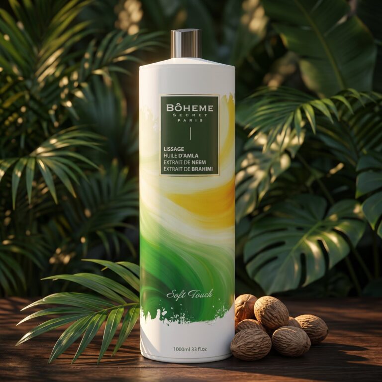 Bouteille d'un litre du lissage indien Bôheme Secret Paris à l'huile d'amla, extrait de neem et de brahmi, posée sur du bois devant un feuillage tropical