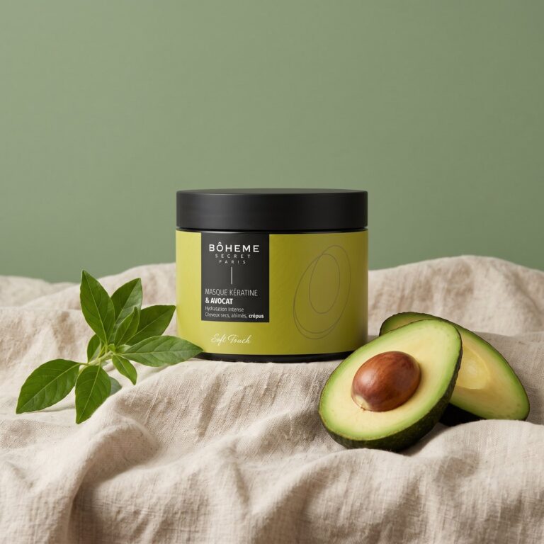 Pot de masque kératine et avocat Bôheme Secret Paris sur lin naturel, fond vert sauge, avocat coupé et feuilles vertes