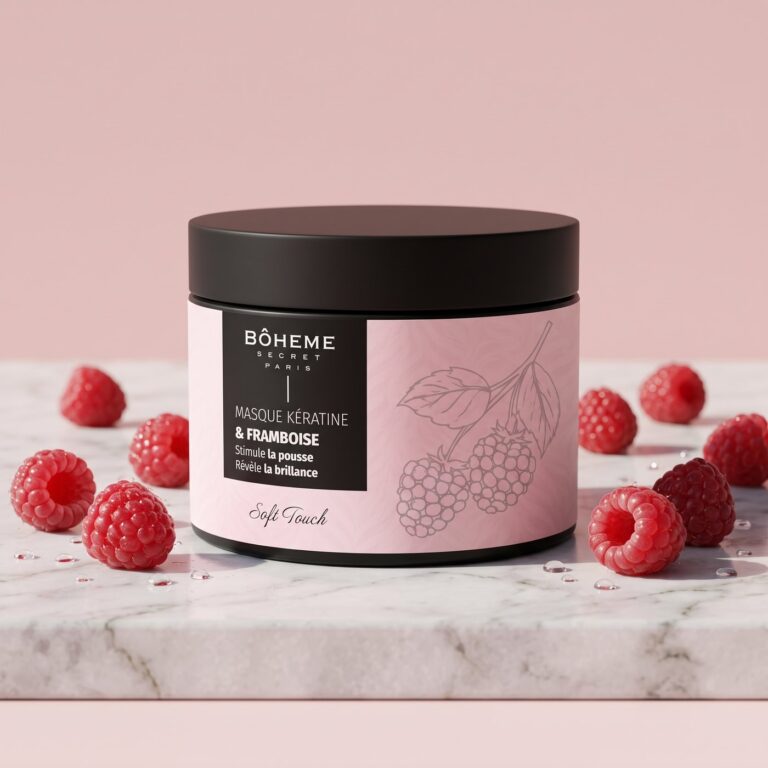 Pot de masque kératine et framboise Bôheme Secret Paris sur marbre clair, framboises fraîches et gouttes d'eau, fond rose poudré