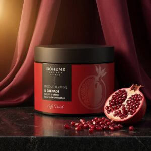 Pot de masque kératine et grenade Bôheme Secret Paris sur marbre noir, soie bordeaux en fond et grenade ouverte