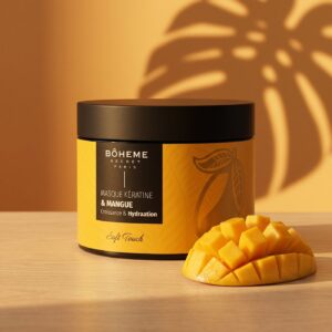 Pot de masque kératine et mangue Bôheme Secret Paris sur bois clair avec de la mangue coupée en dés et l'ombre d'une feuille tropicale