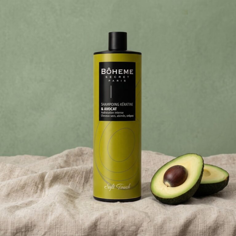Flacon de shampooing kératine et avocat Bôheme Secret Paris posé sur du lin naturel devant un fond vert sauge, avec un avocat coupé en deux