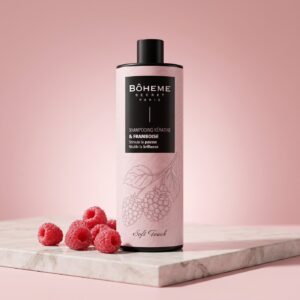 Flacon de shampooing kératine et framboise Bôheme Secret Paris sur une dalle de marbre clair entouré de framboises fraîches, fond rose poudré