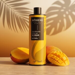 Flacon de shampooing kératine et mangue Bôheme Secret Paris sur bois clair avec des mangues coupées et l'ombre d'une feuille tropicale