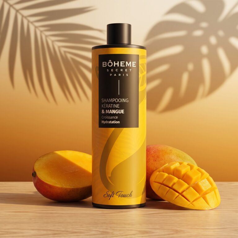 Flacon de shampooing kératine et mangue Bôheme Secret Paris sur bois clair avec des mangues coupées et l'ombre d'une feuille tropicale